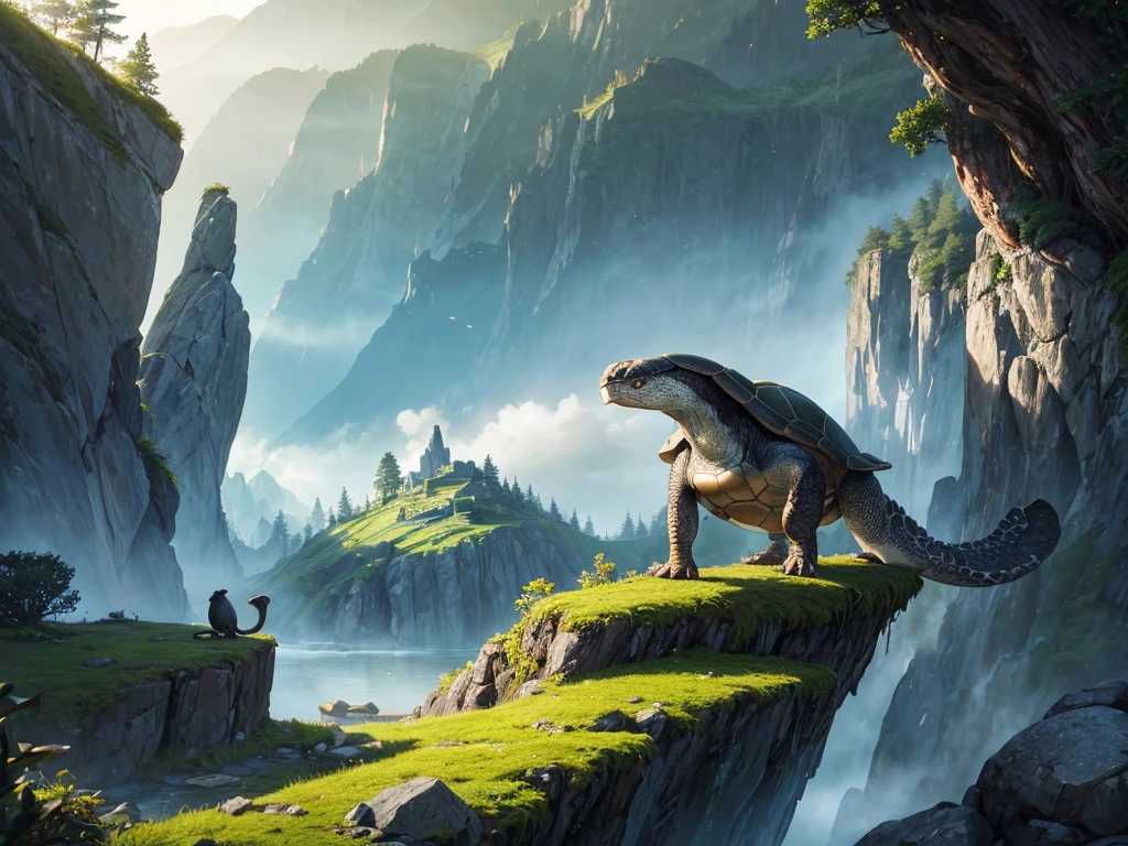 a legendary turtle galapagos in the mountains, stone gray shell, green tree pattern, long black snake tail, intelligent and agile movements, controls earth and rocks, creates safe paths, symbol of wisdom and protection, 8k, highly detailed, photorealistic, cinematic lighting, dramatic lighting, vibrant colors, fantasy landscape, lush vegetation, misty mountains, serene lake, dramatic composition