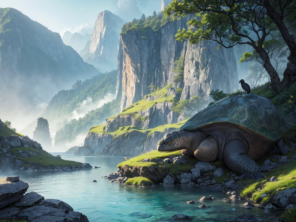 a legendary turtle galapagos in the mountains, stone gray shell, green tree pattern, long black snake tail, intelligent and agile movements, controls earth and rocks, creates safe paths, symbol of wisdom and protection, 8k, highly detailed, photorealistic, cinematic lighting, dramatic lighting, vibrant colors, fantasy landscape, lush vegetation, misty mountains, serene lake, dramatic composition
