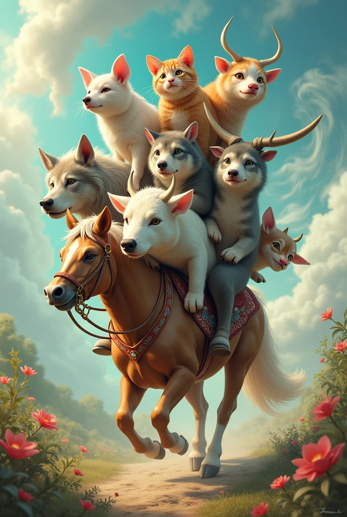 cat riding dog, dog riding pig, pig riding wolf, wolf riding cow and cow riding horse