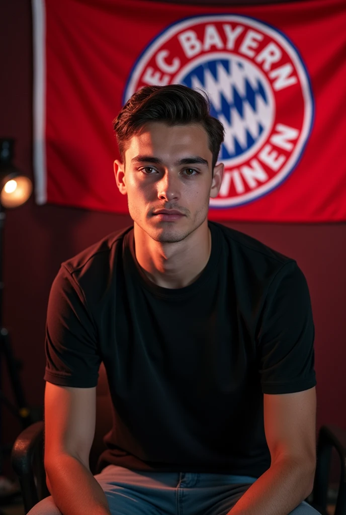 The young man wearing a dark shirt combination of red and black sitting on a chair looking straight to the camera with cinematic YouTube studio with real Bayern Leverkusen
football flag,