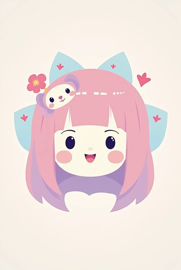 
A kokeshi face drawing for logo, with big bright eyes, an adorable smile, and slightly rosy cheeks. Long pink and lilac hair, with straight bangs that fall just above the eyebrows. The expression of the kokeshi is joyful, transmitting a feeling of warmth and tenderness. The colors of the design are soft and pastel, with details in pink and blue tones for an even more adorable look. The background is simple and clear to highlight the central character..