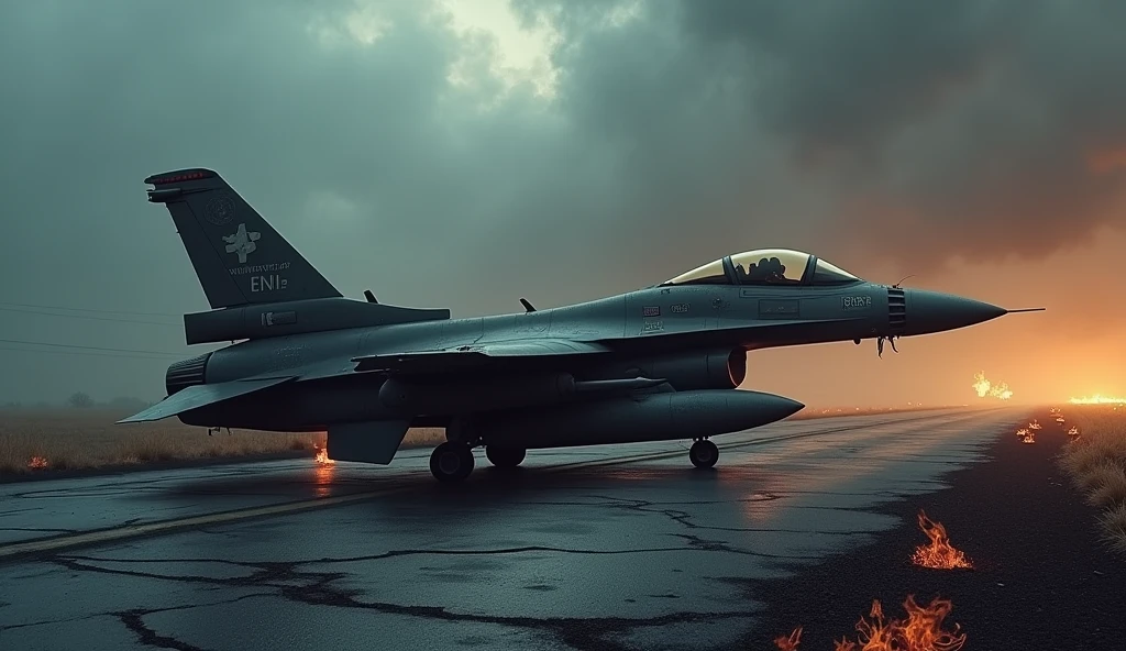 F-16 FIGHTER JEY ON THE DAMGE ROAD BURNING, GLOOMY WEATHER