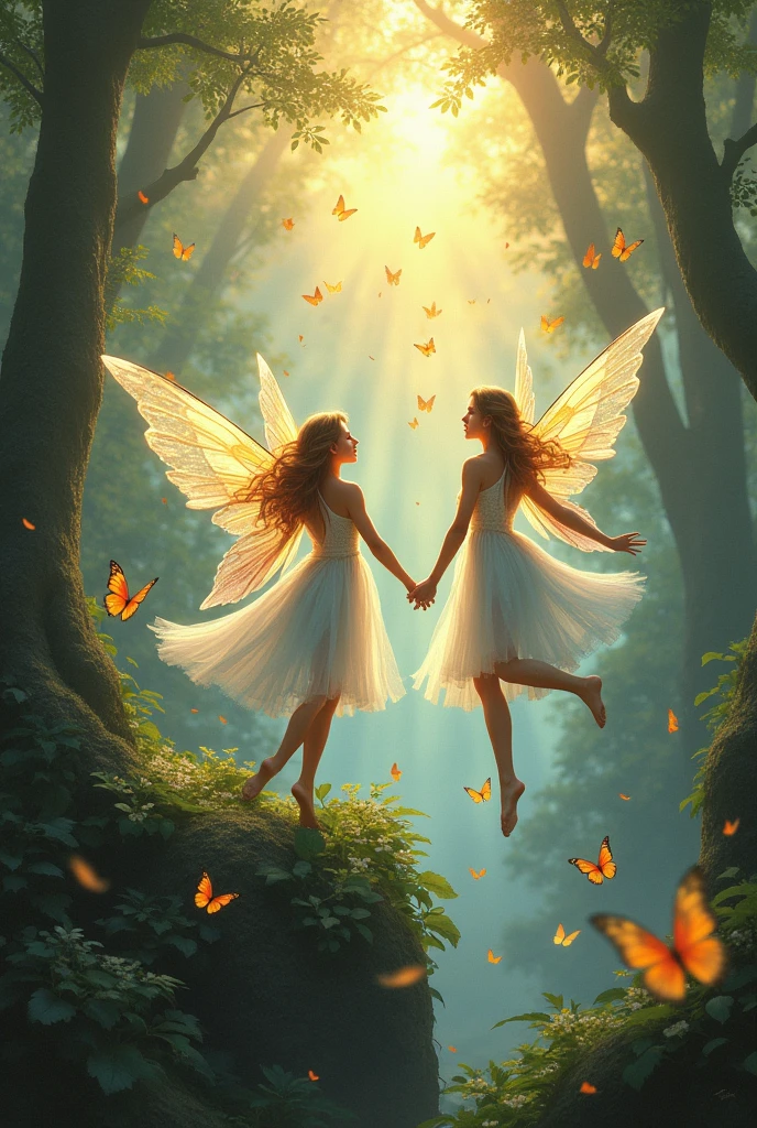 Des fees avec des ailes entourée de papillons dans une majestueuse foret magic au lève du jour