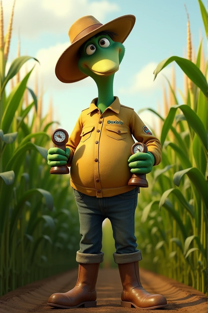 I would like an image of Rango from the movie, with a noticeable belly, dressed in work shoes (burros), standing in the middle of a cornfield. The character should be holding manual counters, like the ones used to count objects or people. The environment should be detailed, with tall, green corn, and the character should be in a pose that reflects that they are counting something important in the field. Additionally, please include the Dekalb brand logo on the character's shirt