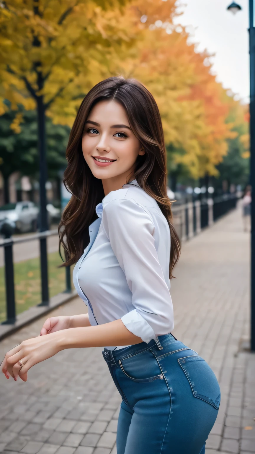 Realistic full body photo of a smiling, beautiful brunette woman with long hair, She dances in front of the camera in a dark blue satin shirt and tight, elegant white tight jeans ...., fine fabrics, Park,glamour fotoshooting, Park, perfect anatomy, perfect brown eyes. Perfect hands with 5 fingers on each hand, Suitable woman, looking at the camera, 1 Frau. (Eye make up:1.1), (highly detailed skin:1.1), spirit, analog style, keen focus, 8K  UHD, dslr, good quality, Fujifilm XT3, Grain, Award-winning, ​masterpiece. Park