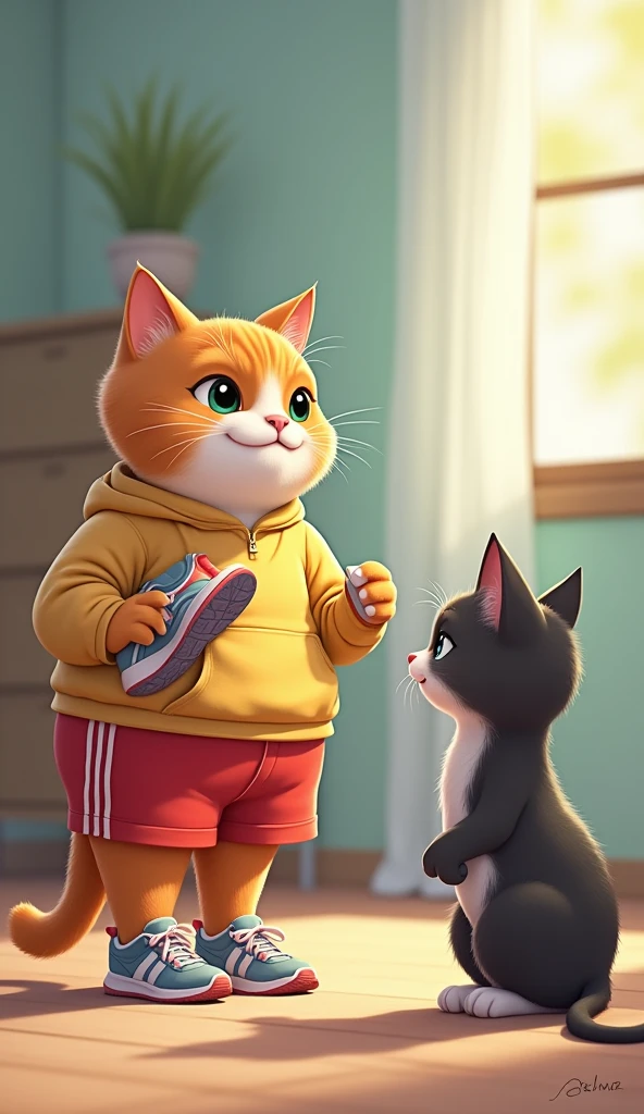 The friend&#39;s cat reacts to the plump protagonist&#39;s cat、With shining eyes, she shares the secret to successful dieting。My friend&#39;s cat is slim、(Wearing sportswear)、Jogging shoes are in hand。