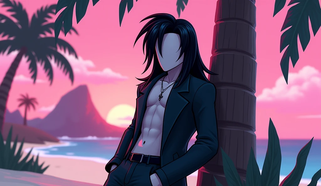 Handsome tall square Roblox male doll, with long black rocker hair, emo clothes and no lips, white skin, no mouth, and beautiful body, leaning on a palm tree, cartoon, Vice City GTA, stone mountain background on the beach with pink sky