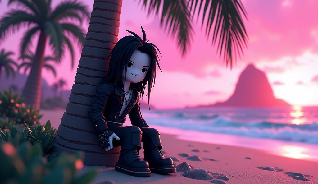 Handsome tall square Roblox male doll, with long black rocker hair, emo clothes and no lips, white skin, no mouth, and beautiful body, leaning on a palm tree, cartoon, Vice City GTA, stone mountain background on the beach with pink sky
