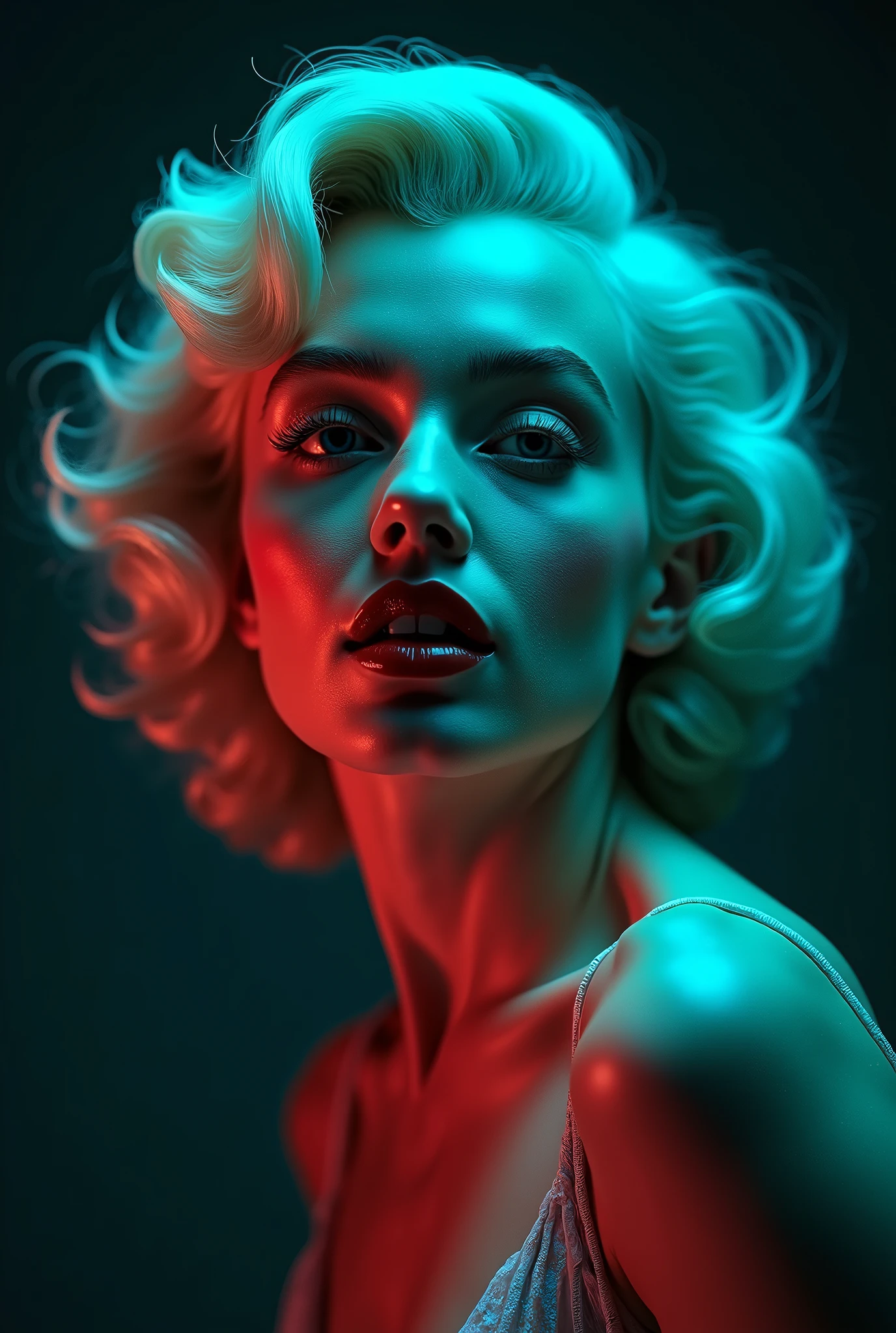Portrait of Marilyn Monroe with blue-green lights illuminating most of it and red lights coming from below in a studio with an empty background