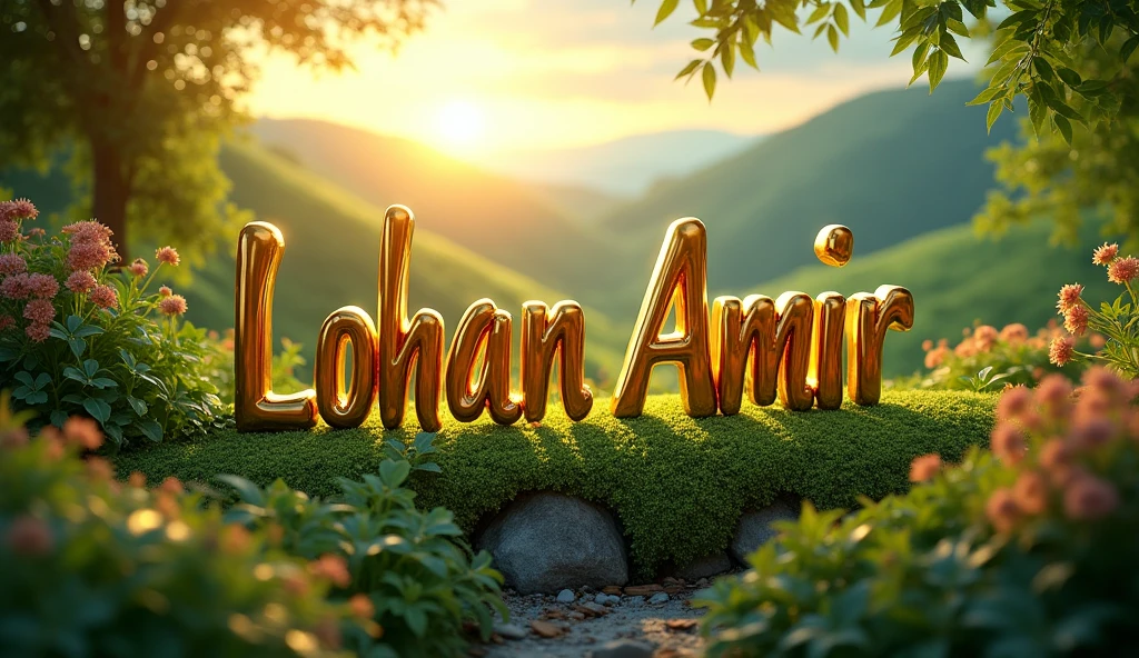 A golden and motivational logo with name LOHAN AMIR in nature 