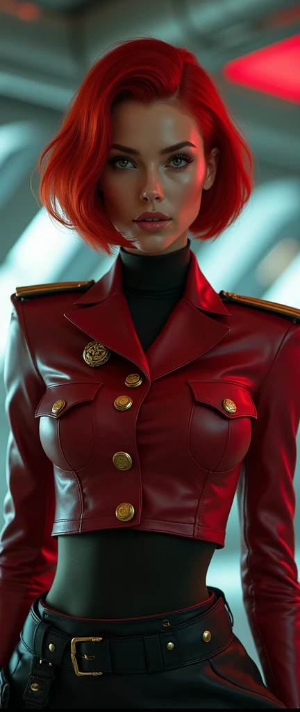 red bob cut, beautiful woman, starship captain, short jacket, cowboy shot, flirty, military bearing, standing, pirate, short skirt