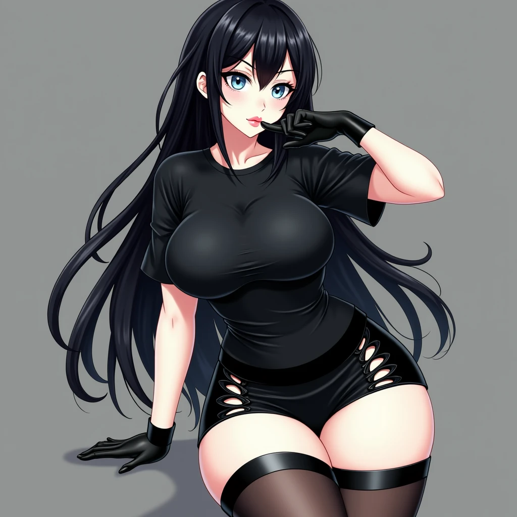 1 Mature woman, long black hair,blue eyes,Pale skin, curves, thick thighs, busty, thigh highs, black latex miniskirt, gray background, hand on hip,other hand near Her chin.