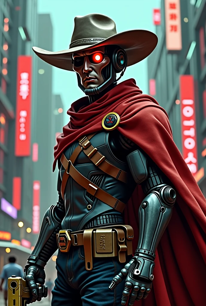 Cyborg, Cowboy, One eye robot head, red-cape over shoulder, visible metal hand, holding gold revolver, cyberpunk background.