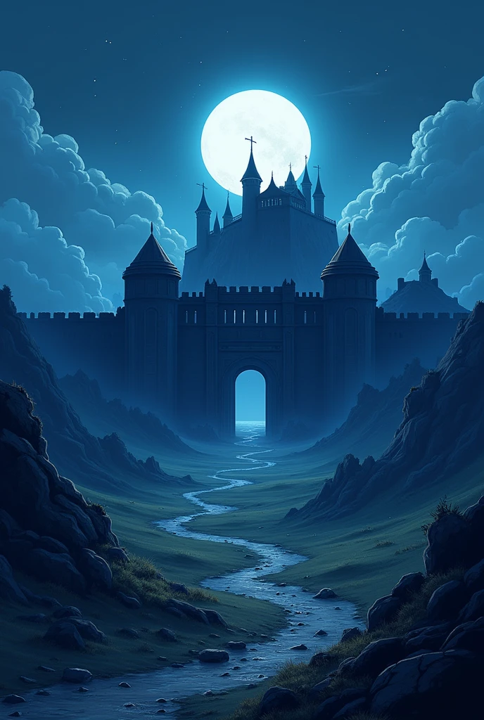 Create a nighttime landscape featuring a fortress. The moon is visible on the horizon, casting a soft glow. The scene includes a large gate at the front of the fortress, flanked by towering walls that protect the structure. The art style should resemble modern Western animated shows like Vox Machina from Critical Role, with bold lines, vibrant colors, minimal shading, and a strong, expressive comic-like aesthetic.