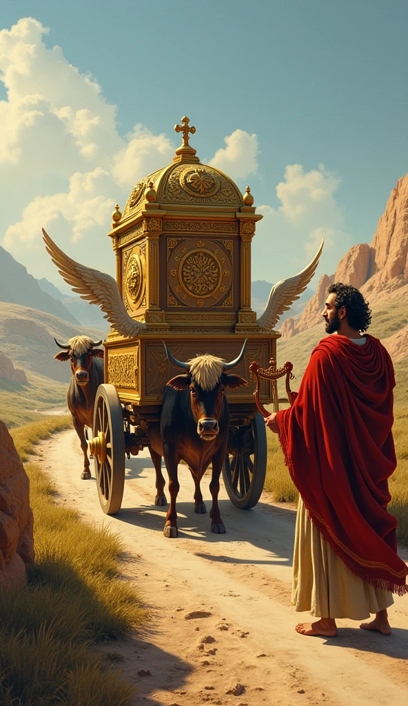 The Ark of the Covenant with two small cherubim, facing each other with their wings open, on top of the ox cart, oxen in front and King Solomon playing the harp happily, Dirt road.