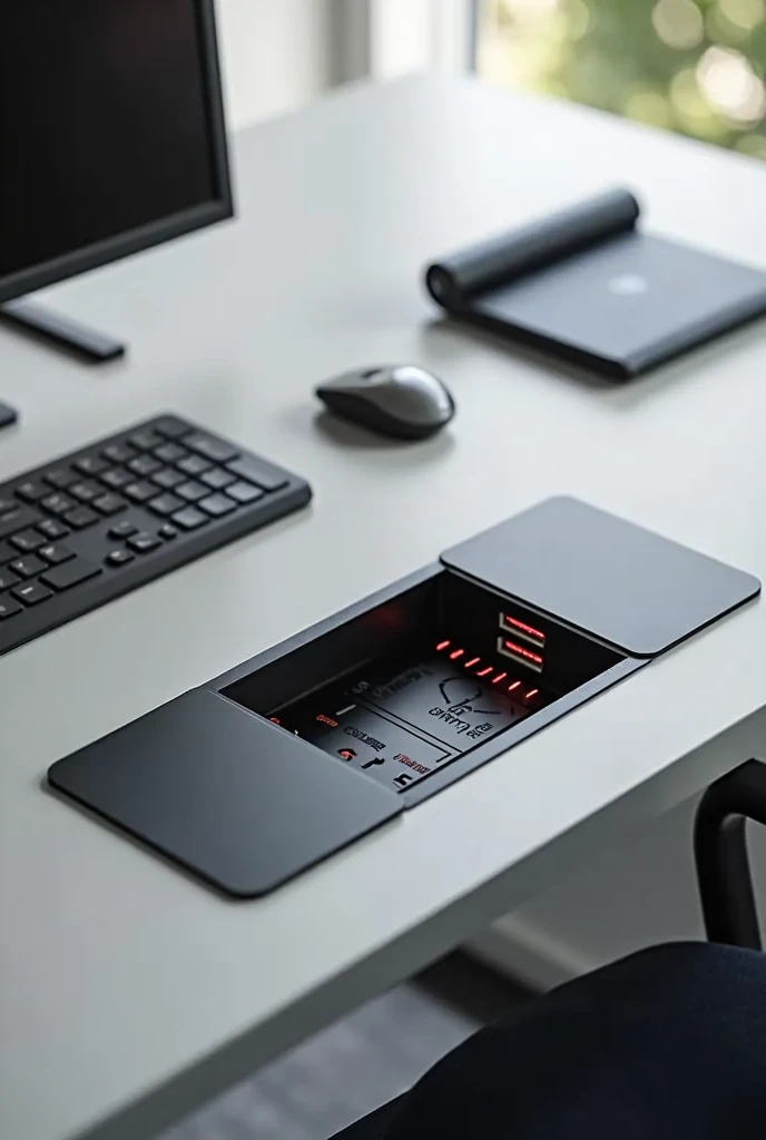 CREATE A Socket that is built into the Office Desk where it houses up to 5 electrical sockets and modules of your choice, USB and USB-C for data transfer or charging, red lo, and that it has a lid that closes it and has induction charging
