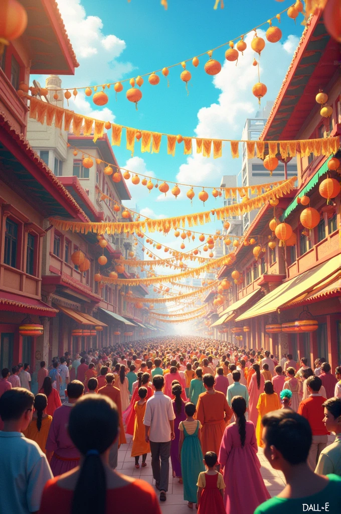 **Festive Celebration**: An image capturing the festive atmosphere during the annual celebrations, with decorations, processions, and people in traditional attire. In dall e-3 style