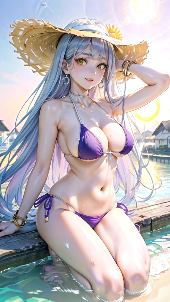 (((masterpiece, ultra HD, 8K quality))), (((clear and bright image))), anime, 1 woman, (((beautiful woman))), (((shining Silver Straight Long Hair, bangs bangs))), (((shining attractive eyes))), ((((beautiful Yellow eyes))))), (((eye highlights))), ((very long eyelashes, pale pink lips)), (((very large breasts))), cleavage, (((Bold and sexy poses))), looking at the viewer, navel, (((Beautiful smile))), water, thighs, bare shoulders, front tie top, arm support, narrow, ((((Purple colored micro bikini))), bare feet, collarbone, neck ribbon, halter neck, water's edge, Earrings, necklaces, bangles, rings, anklets, (((Pareo, large white sun hat))), (((Water Cottage in the background)))