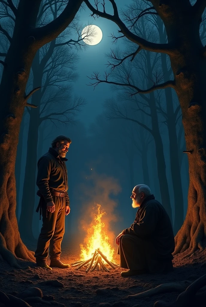create a man meeting an unknown old man at a campfire in the forest at scary night