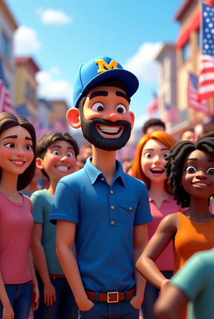 Pixar-inspired 3D poster capturing a background scene with a 3 man with a short, dark beard , square face white man with black hair to the side short lumberjack style dressed in blue polo shirt or suit with a blue cap with the letter m on the cap light skin color happy with people campaigning for mayor
