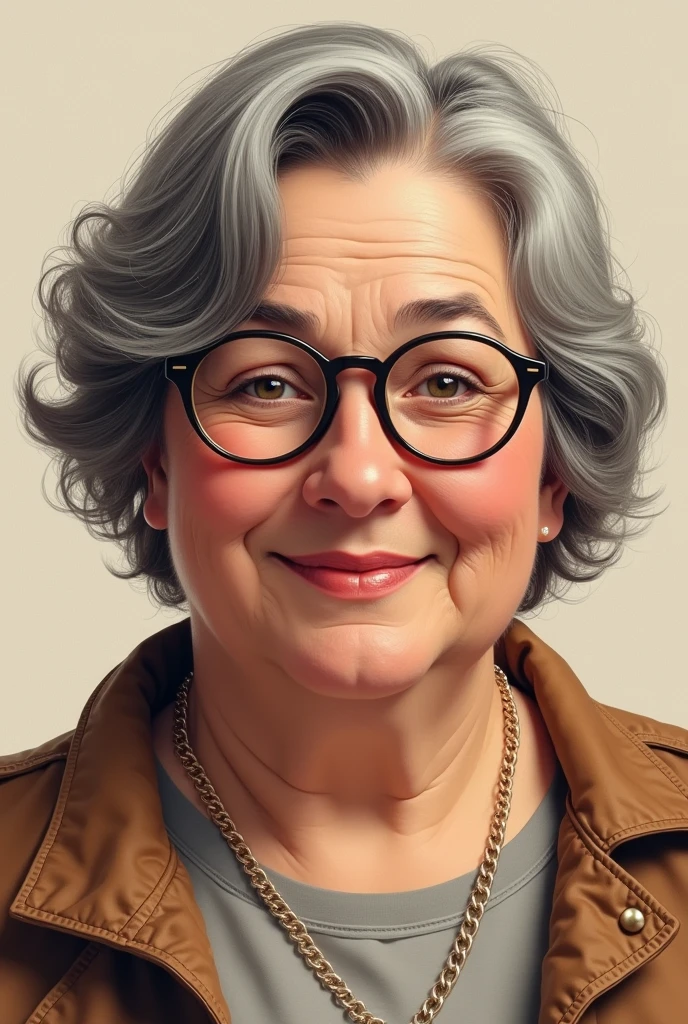 Tattoo of a chubby lady with round glasses and aged 50