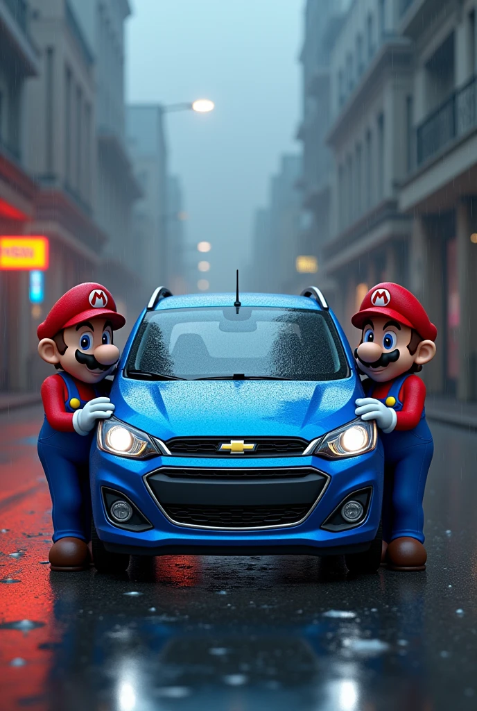 Blue Chevrolet Spark on a rainy background with Mario bros posing with half-sitting pose