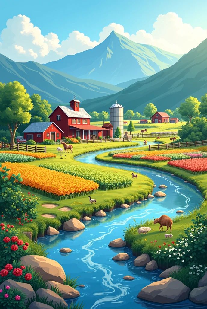 The stream flow outside of the left frame to right side frame. The farm is beside of that stream. The farm is very colourful. The morning sun is shining. The blue mountain is a little bit far from that farm. Vector photo.