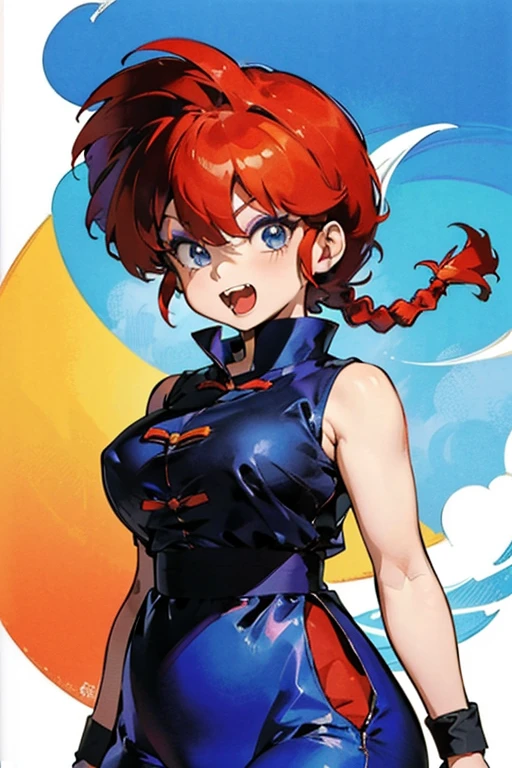 ((masterpiece)), high quality, very_high_resolution, large_filesize, full color, heavy outline, clear outline, colorful, (beautiful detailed eyes), (beautiful face:1.3), (boyish face), 1 girl, (femaleranma), (red hair), short hair, (braided ponytail), ((bangs)), bumpy bangs, blue-gray eyes, big breasts, curvy, black-wristbands, femaleranma, braided ponytail, chinese clothes, sleeveless, tangzhuang, black pants, cameltoe, standing, upper body, front view, (8k, RAW photo, best quality, masterpiece:1.2), RanmaChan, RanmaRedShirt, blue pants (masterpiece, best quality:1.2), 1 girl, Solitary best quality,masterpiece,highly detailed,ultra-detailed,
haddonsundblom,__ro ((Chibi:1.3)), 1girl, solo, cute, young sister, (red har, single braided ponytail hair), (jitome, fangs, open mouth), ((ranma-chan)), ((outfits:chinese clothes)), dynamic angle, exciting, takahashi rumiko, 1990s \(style\), retro artstyle, watercolor\(medium\)