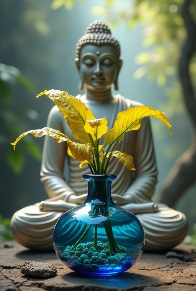 Portrait of gautam budh meditating  in background and in main focous generate a blue bottle in which  fresh big  Golden Pothos plant is available  