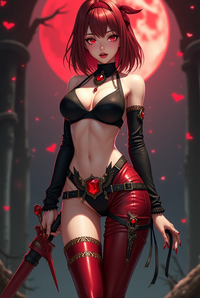 Appearance: Has medium, reddish-brown hair, Caucasian skin, Eyes red,He has a thin, tall body and has big red nails., thin, red lips.

Clothing: She wears a black skimpy bra, Wears wine red long sleeves and a wine red turtleneck., Wears long pants that form a V on the belly in wine red and yellow brown with golden details., Show your belly, Wears wine red thigh-high boots with black and gold details.

Accessories: She wears a black and gold belt with a ruby in the middle and wraps it around her leg., Wears a black and shiny ruby necklace, It has dark red wings and a dagger made from its own blood..

WEAR A RED BANDANA ON HIS FOREHEAD, LONG SLEEVES RED, Dagger at the waist.

Anime Girl