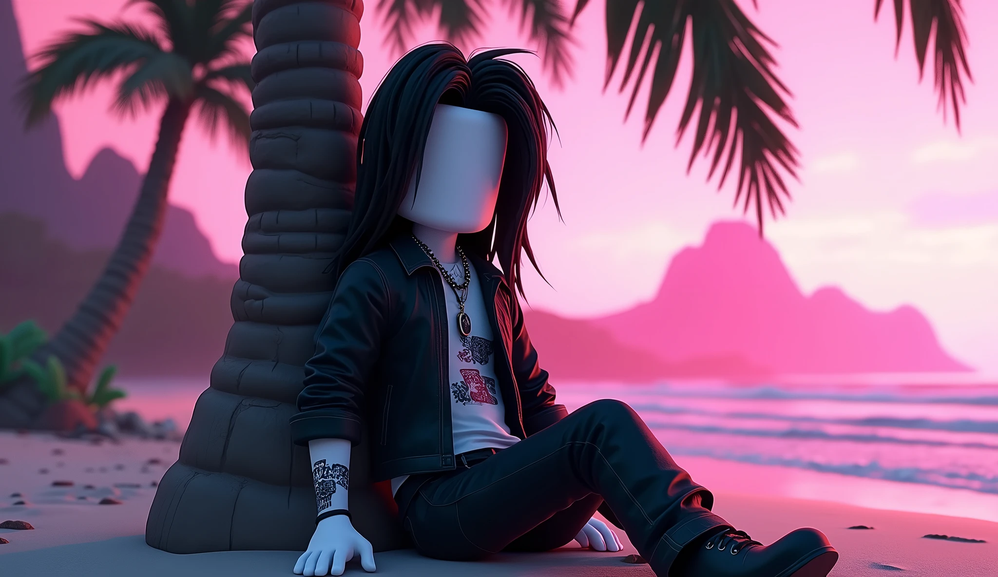 Handsome tall square Roblox male doll, with long black rocker hair, emo clothes and no lips, white skin, no mouth, and beautiful body, leaning on a palm tree, cartoon, Vice City GTA, stone mountain background on the beach with pink sky