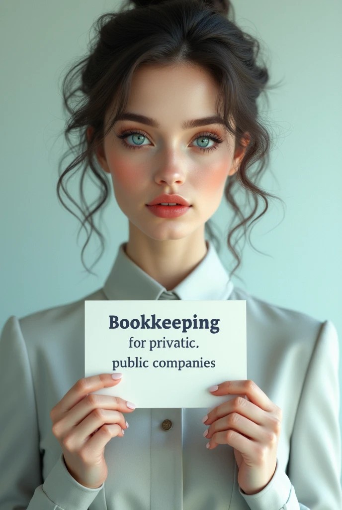 Generate a very beautiful woman with blue eyes, by white, greenish blue eyes, with a sign that says Bookkeeping for Private and Public Companies