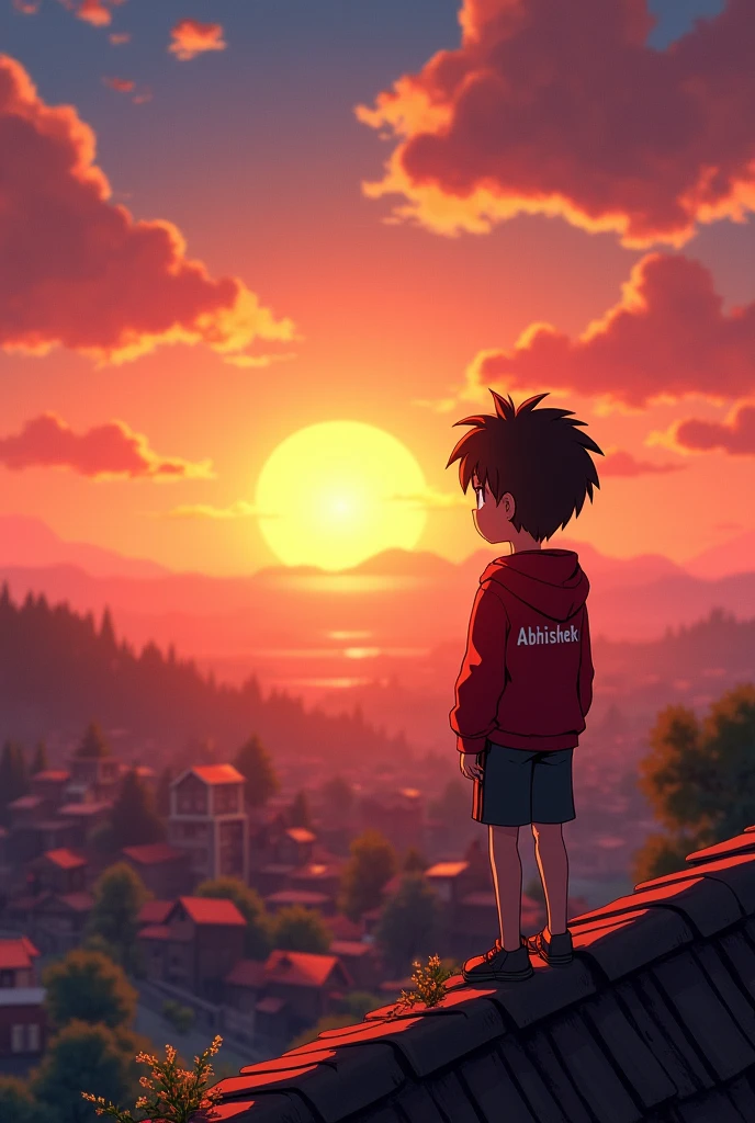 1 boy, with clases, , Brown eyes, Brown hair, red hoodie sweatshirt, standing on top of the roof, in background beautiful village sunset view, boy watching sunset, written 'Abhishek' backside of hoodie, anime arte