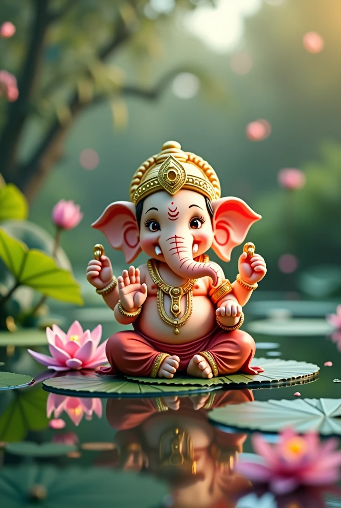 Generate 4k images of lord ganesha cute naturally in Lotus pond