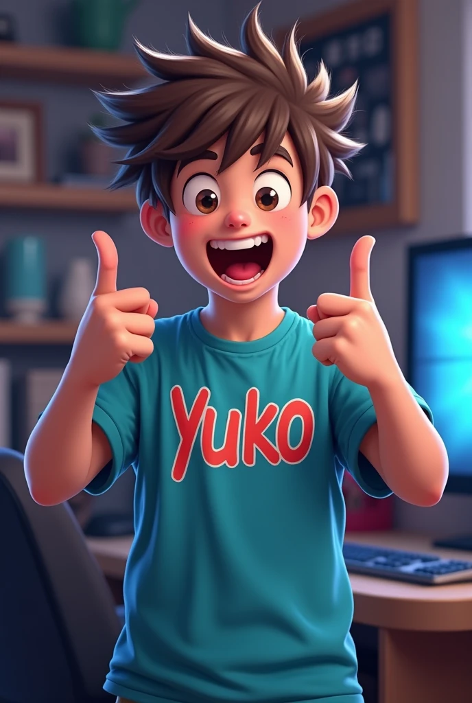 A gamer is pointing with his both hand on her back and showing his T-shirt with Name Yuko written on it.