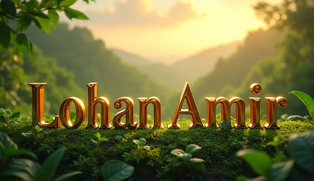 A golden and motivational logo with name LOHAN AMIR in nature 