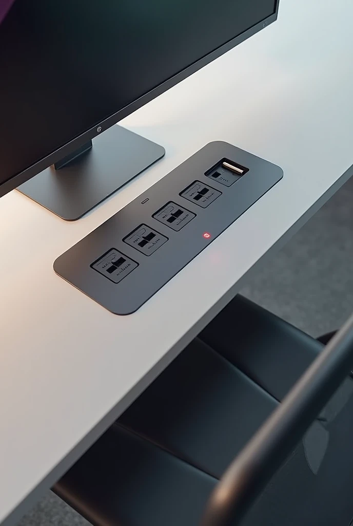 CREATE A Socket that is built into the Office Desk where it houses up to 5 electrical sockets and modules of your choice, USB and USB-C for data transfer or charging, red lo, and that it has a lid that closes it and has induction charging