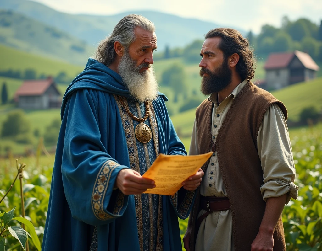 (photorealism:1.2), medieval man with blue mystic clothes, holding a parchment next to other man in a farm. 
