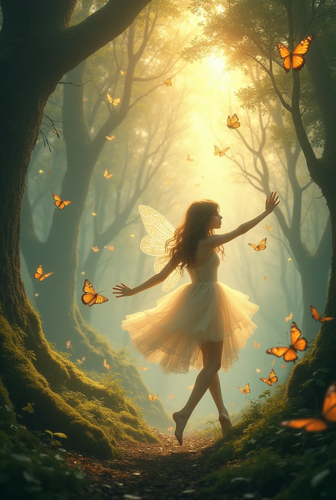 Des fees avec des ailes entourée de papillons qui danse dans une majestueuse foret magic au lève du jour