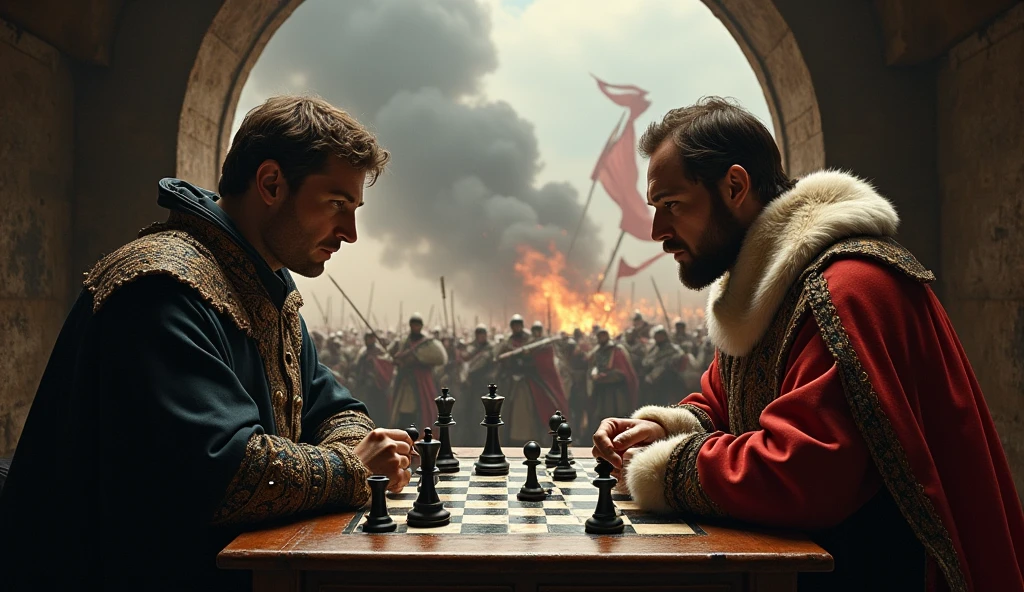 A captivating scene featuring Edward III and Philip VI engaged in a tense chess match, set against the dramatic backdrop of a medieval battlefield. Edward and Philip, dressed in regal, period-specific attire, focus intently on the chessboard, their expressions reflecting strategic contemplation and fierce rivalry. Behind them, through a large arched window or open archway, the chaos of battle unfolds with dark, swirling smoke and distant flashes of combat. The battlefield is filled with clashing soldiers and fluttering banners, adding a stark contrast to the calm yet intense chess game. The rich, shadowy tones and detailed, evocative style of Edmund Blair Leighton enhance the cinematic and dark atmosphere, illustrating the strategic and personal stakes of the conflict., Surrealism, Hyperrealism, UHD, retina, masterpiece, accurate, anatomically correct, textured skin, super detail, best quality, 16k
