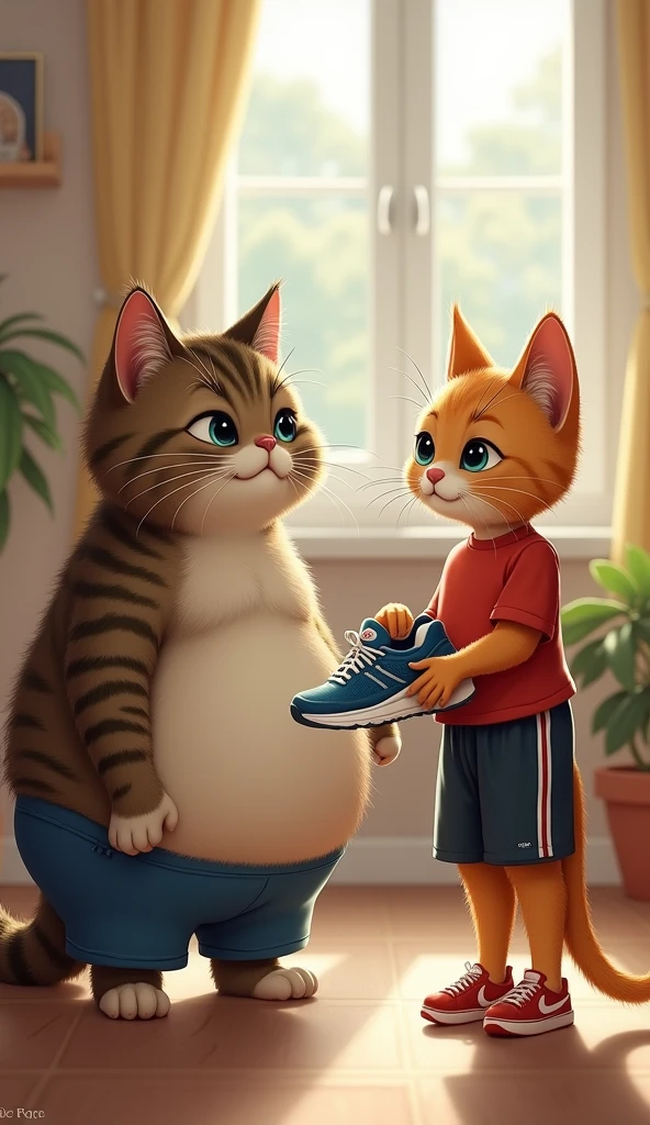 The friend&#39;s cat reacts to the plump protagonist&#39;s cat、With shining eyes, she shares the secret to successful dieting。(My friend&#39;s cat has a slim build)in、(Wearing sportswear)、Jogging shoes are in hand。