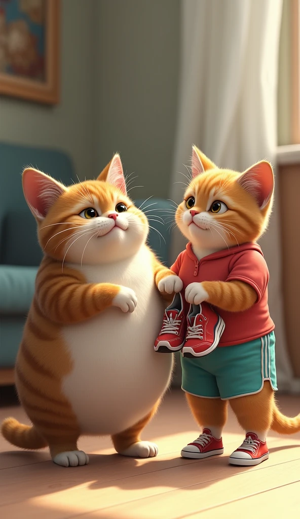 The friend&#39;s cat reacts to the plump protagonist&#39;s cat、With shining eyes, she shares the secret to successful dieting。(My friend&#39;s cat has a slim build)in、(Wearing sportswear)、Jogging shoes are in hand。
