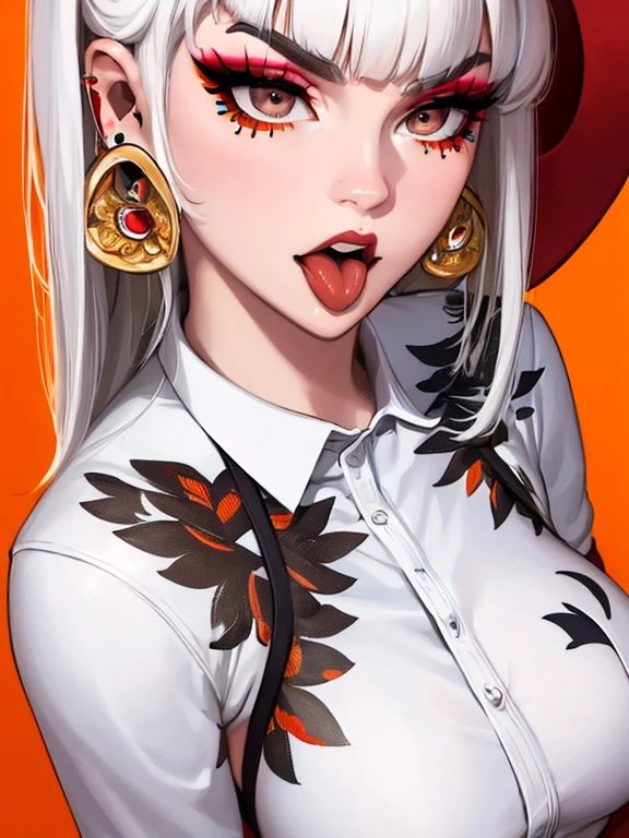 (masterpiece, best quality, photorealistic realistic,) 1 women, blunt bangs, shirt, white shirt, white hair, shiny brown eyes, thin eyebrows, eyelashes, licking lips, lipstick, long hair, looking at viewer, makeup, nose, open mouth, orange background, red lips, single, tongue out, upper body, arm tattoo, blurred background, close up, chest tattoo, depth of field, makeup, motion blur, shoulder tattoo, tattoo, ear piercing, earrings, stud earrings
