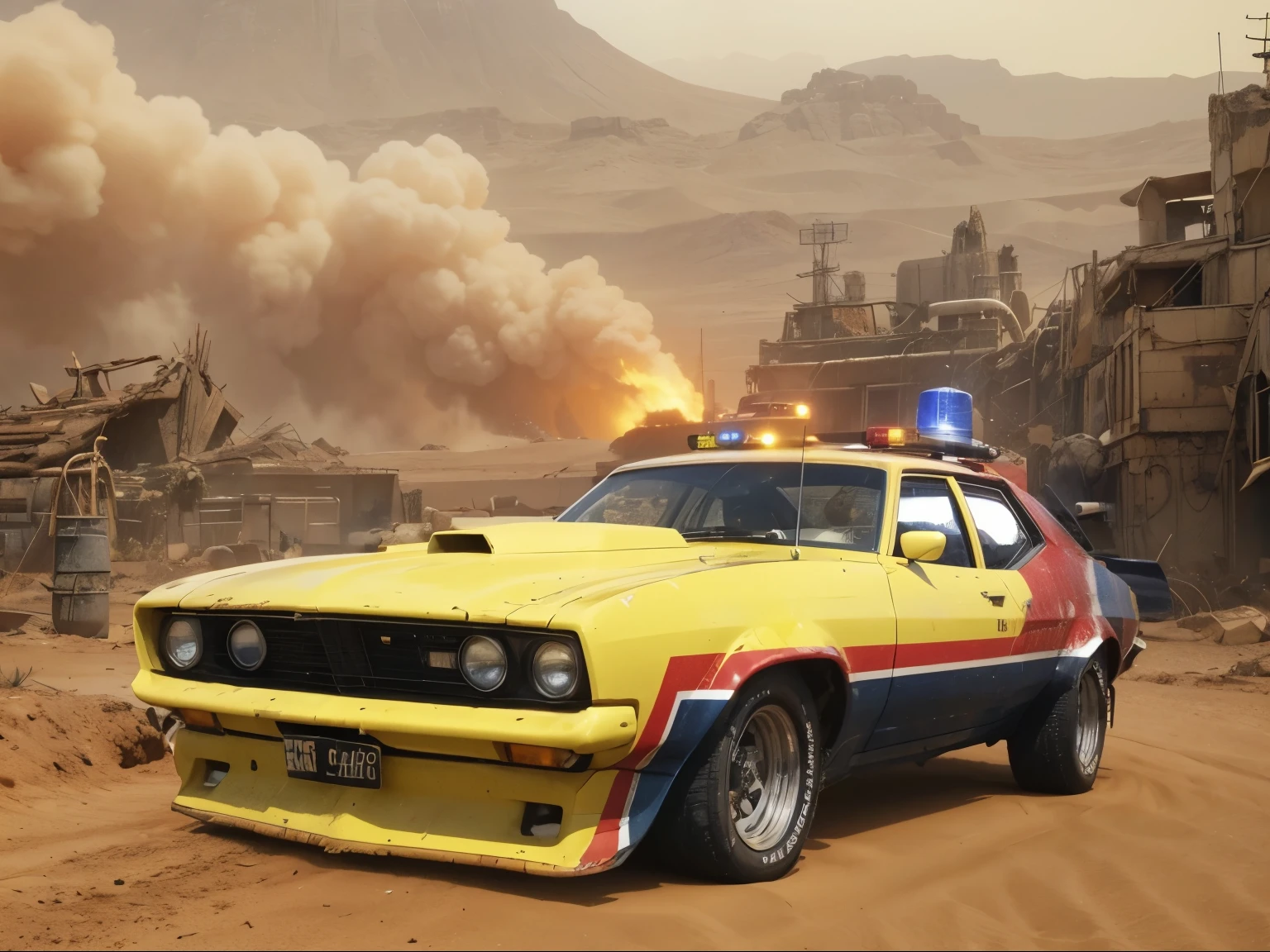 yellow and red police car with lights on top of it, the last v 8 interceptor, mad max car, pudenda, seventies, a car, falcon, seventies era, former, breakdown, dusty, rocket, police cars, raider, from the 7 0 s, duster, cop, modified, super, mechanic, car shot,in a Mad Max desert environment