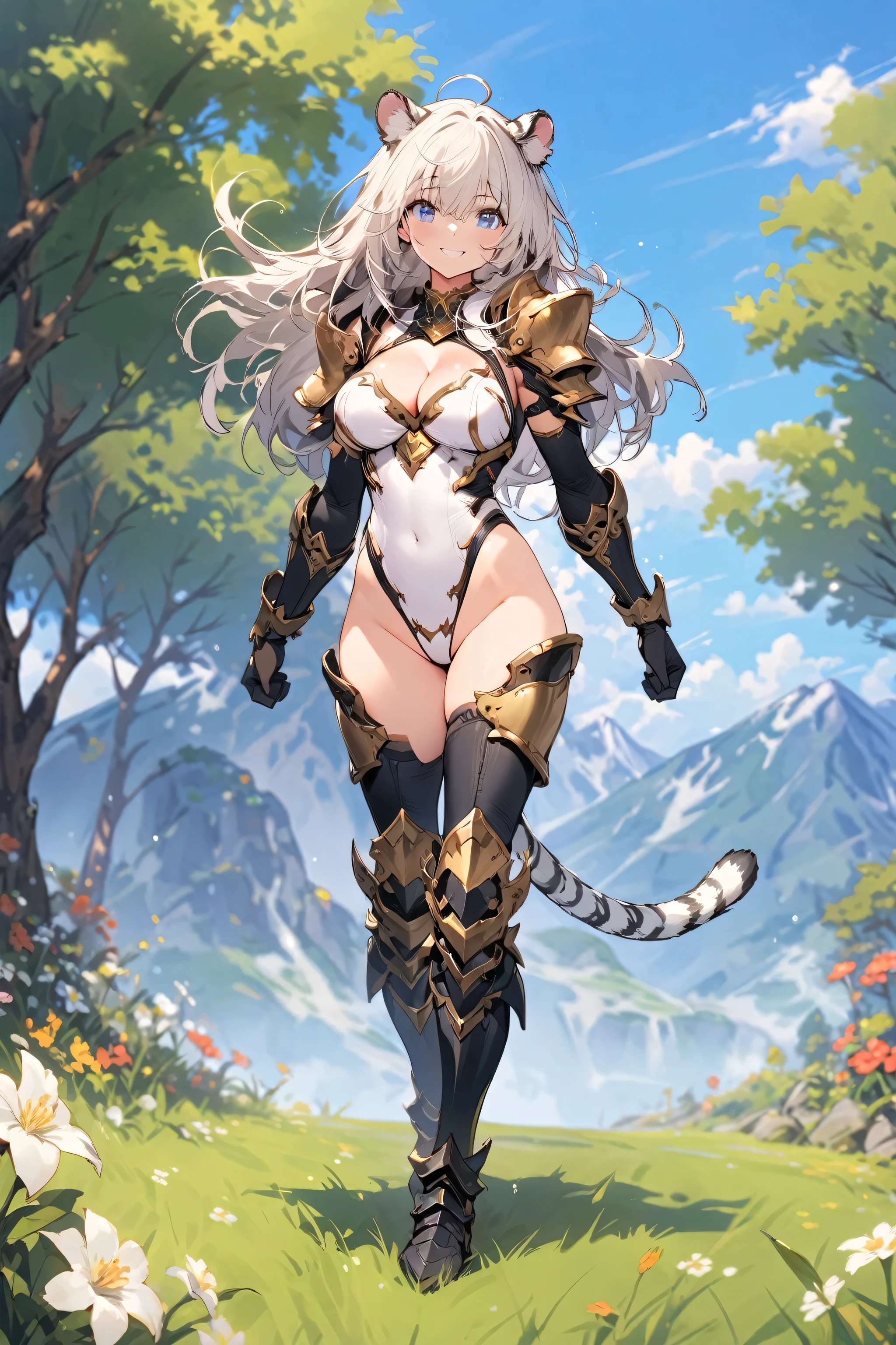 Masterpiece, Best Quality, Extra Detail, 1girl, animal ears, armor, blue eyes, boots, breasts, cleavage, cleavage cutout, clothing cutout, covered navel, day, flower, full body, full gloves, grass, greaves, highleg, highleg leotard, perfect body, perfect breasts, leotard, long hair, looking at viewer, mountain, outdoors, golden shoulder armor, sky, smile, solo, standing, tail, thighhighs, white tiger ears, white tiger tail, tree, white hair, white leotard, black armored boots, black gauntlets, clenched hands