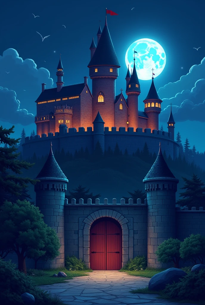 Create a nighttime landscape featuring a fortress. The moon is visible on the horizon, casting a soft glow. The scene includes a large gate at the front of the fortress, flanked by towering walls that protect the structure. The art style should resemble modern Western animated shows like Vox Machina from Critical Role, with bold lines, vibrant colors, minimal shading, and a strong, expressive comic-like aesthetic. Faça sem esses morros, muralha grande