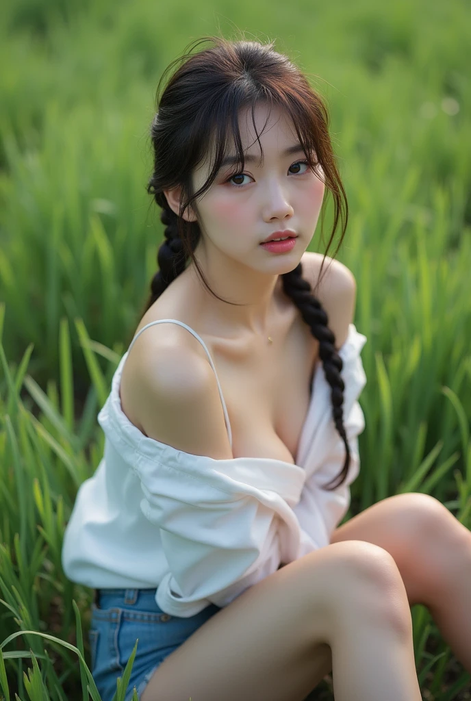 (A girl lying on her back in a shirt in a grassy field outdoors。A little bit of underwear is visible)professional lighting,crouching,The cat gazes invitingly at the photographer.,Girl with braided hair, The white shirt is wide open,Cleavage, big breast,Underbust,Cute young girl, Young and adorable Korean face, young asian girl, Beautiful young girl, full body,(Her jeans slip down to her thighs, revealing her white panties)