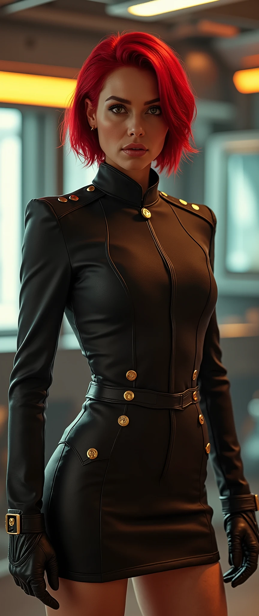 red bob cut, beautiful woman, starship captain, short jacket, cowboy shot, flirty, military bearing, standing, pirate, short skirt