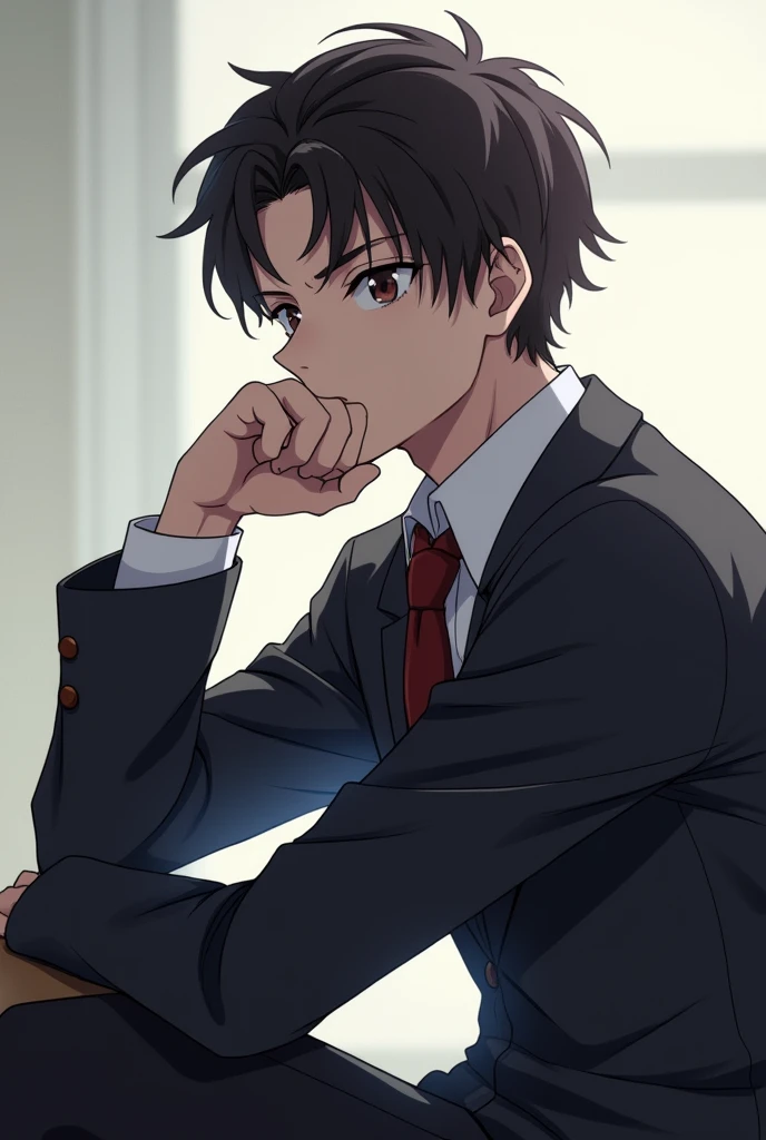 Very serious pensive anime character with hand on chin, most serious man who is 16 to 1 sitting, The most handsome side face.