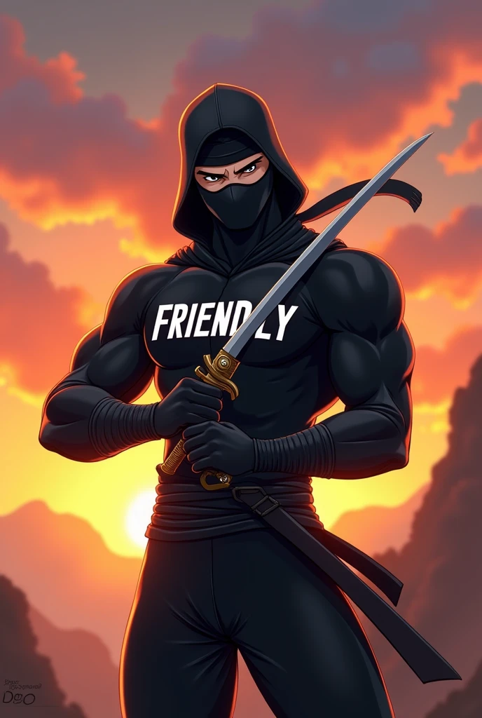An animated male black ninja under the dawn with a sword with the wording FRIENDLY in capital and bold on his chest